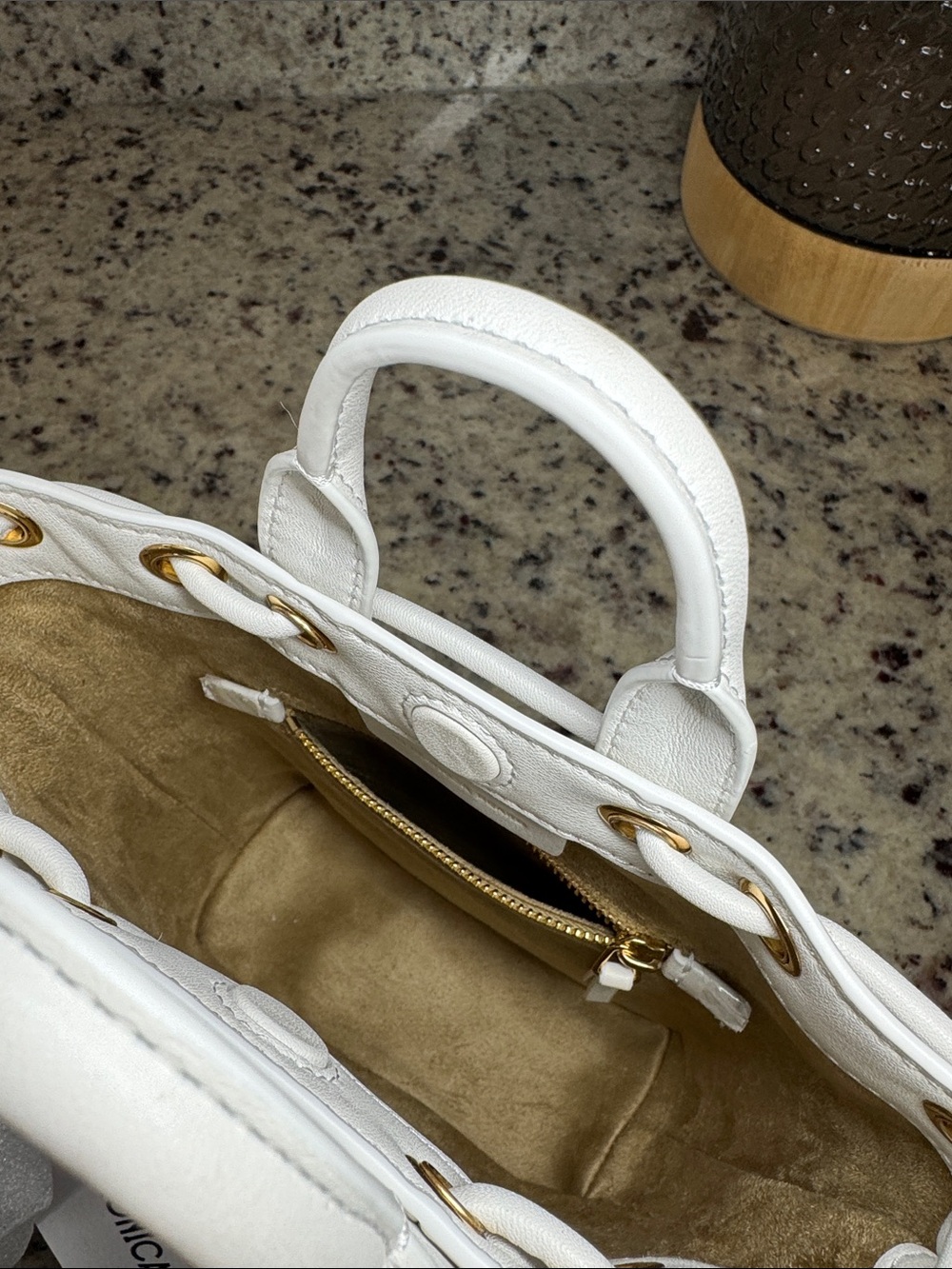 Veronica Beard “Mini Goody Bag” White Leather Drawstring Crossbody Bucket Bag. - Picture 14 of 16